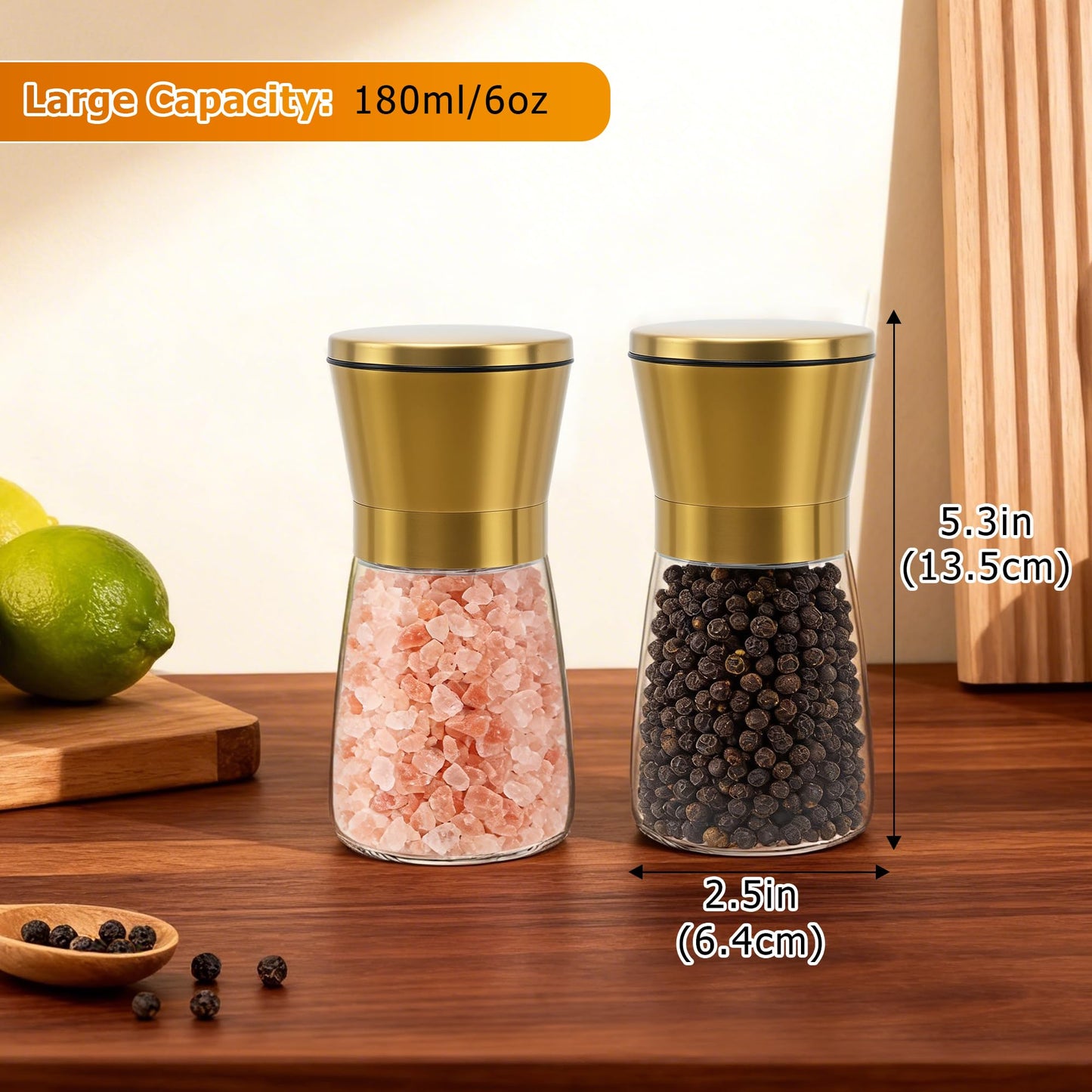 R DRURLCD Short Manual Gold Salt and Pepper Grinder Set of 2 with Funnel, Adjustable Coarseness Shiny Gold Cap Sea Salt Pepper Mill Refillable with Magnetic Lid, Kitchen Decoration Gift