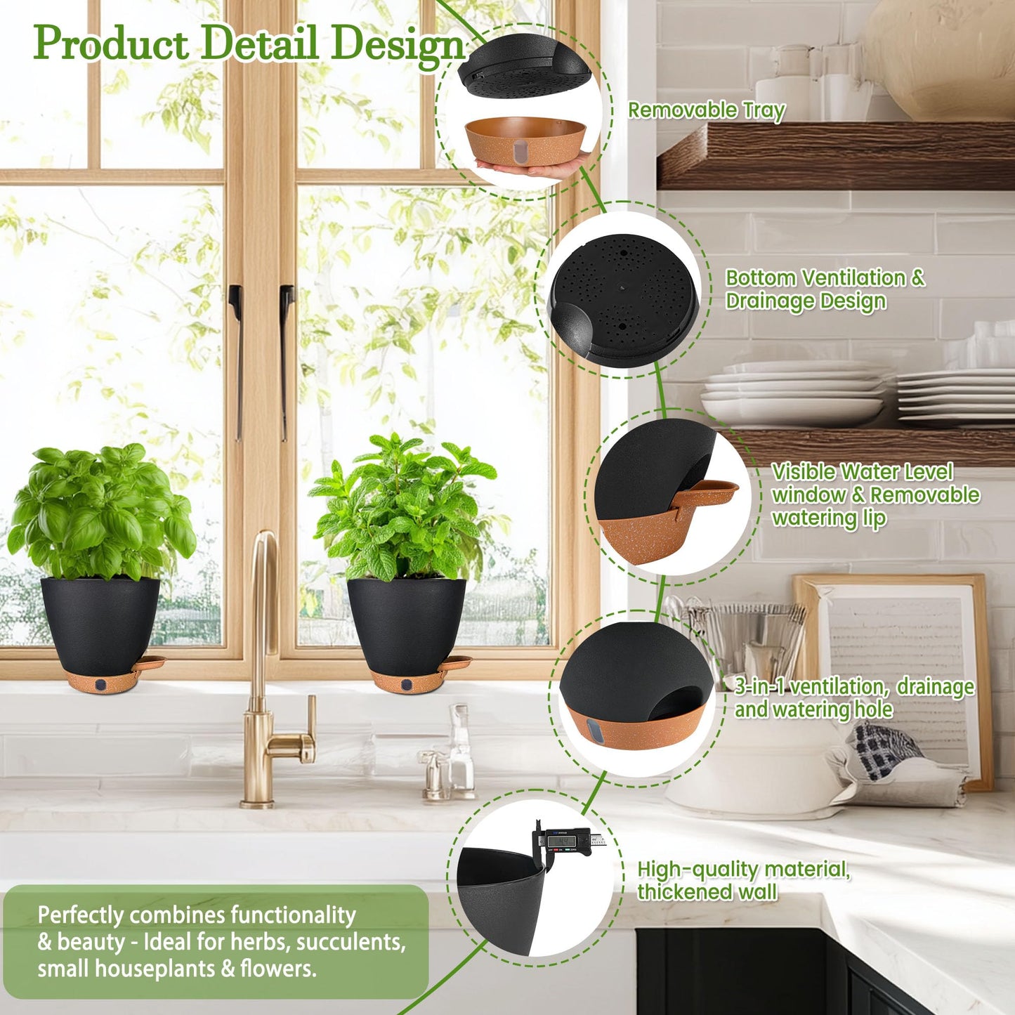 6 Inch Self Watering Pots for Indoor Plants(5-Pack) – Small Plastic Planters with Water Level Window, Drainage Holes & Detachable Trays, Indoor Outdoor Flower Pots for Herbs, Snake,Pothos(Black)