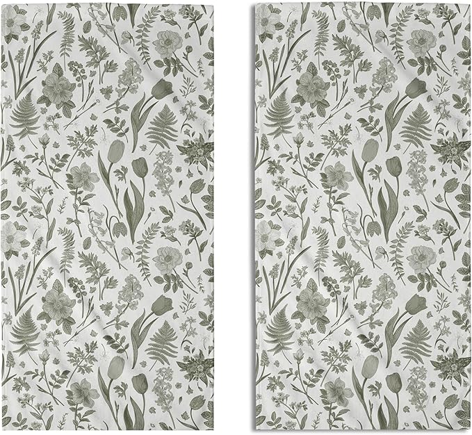 Spring Floral Hand Towels for Bathroom Set of 2 Sage Green White Flower Leaves
