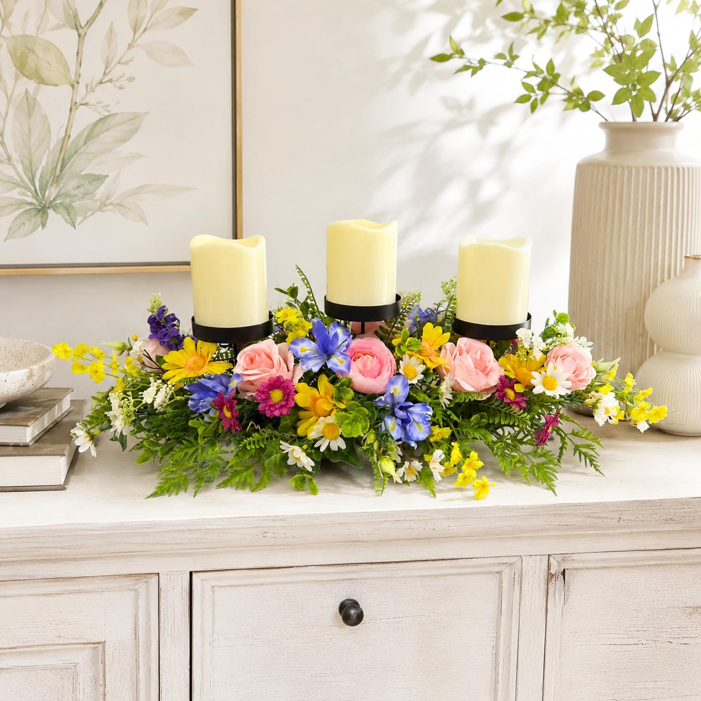 Lnymura 24" Spring Summer Floral Candle Holder Centerpiece for Table Decor