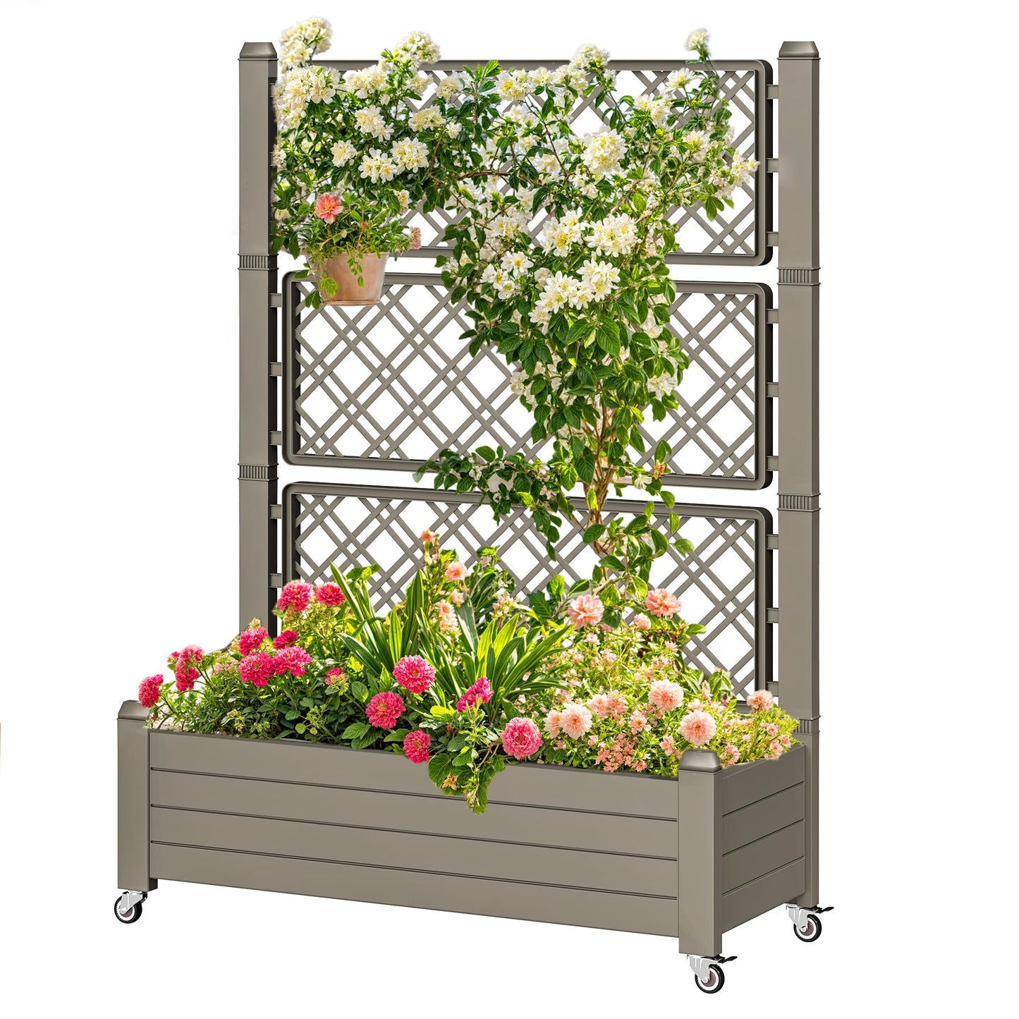 DWVO 3.6 x 1.5 x 5 FT Raised Garden Bed with Trellis, Large Outdoor Planter Trellis Box with Drainage Holes and Wheels for Climbing Plants, Light Brown