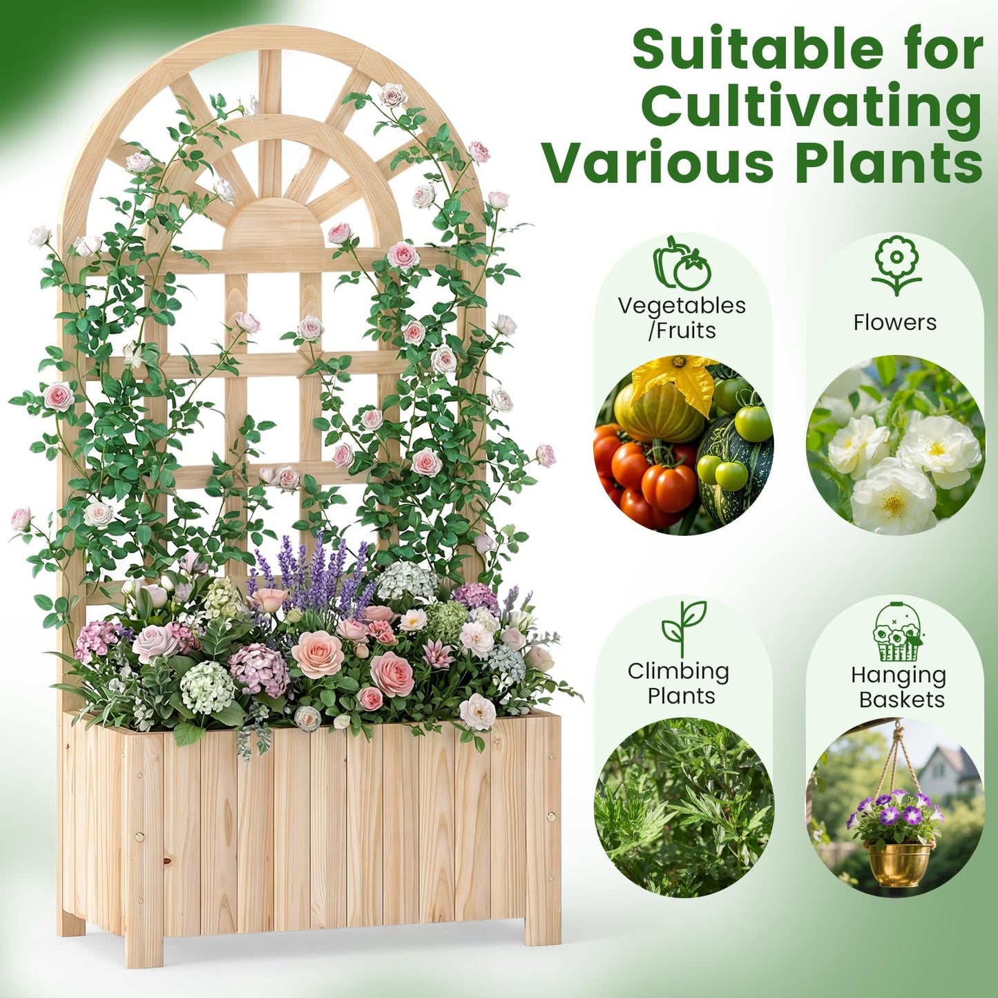 Happygrill Wooden Raised Garden Bed with Trellis, Outdoor Planter Box with Drainage Holes, Privacy Screen, Natural Fir Wood Elevated Garden Bed for Climbing Plants Flowers (1, Natural, 24''x12''x48'')