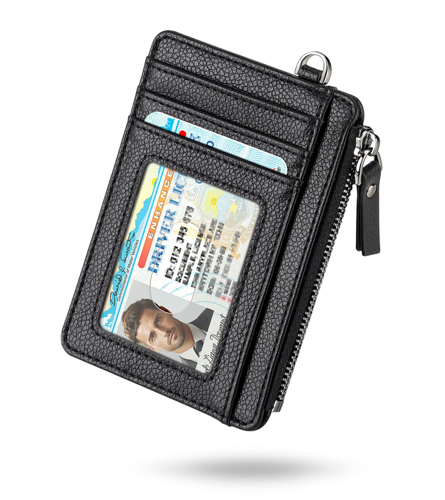Teskyer Slim Card Holder Wallet with Zip Pocket, RFID Blocking, Total 9 Compartments Large Capacity, 3.5" x 4.7" (Slight Larger Than Usual), Faux Leather - Black