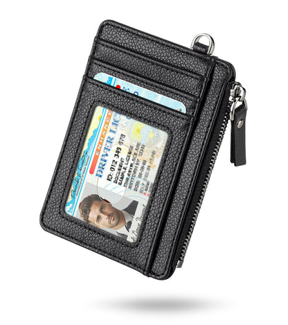 Teskyer Slim Card Holder Wallet with Zip Pocket, RFID Blocking, Total 9 Compartments Large Capacity, 3.5" x 4.7" (Slight Larger Than Usual), Faux Leather - Black