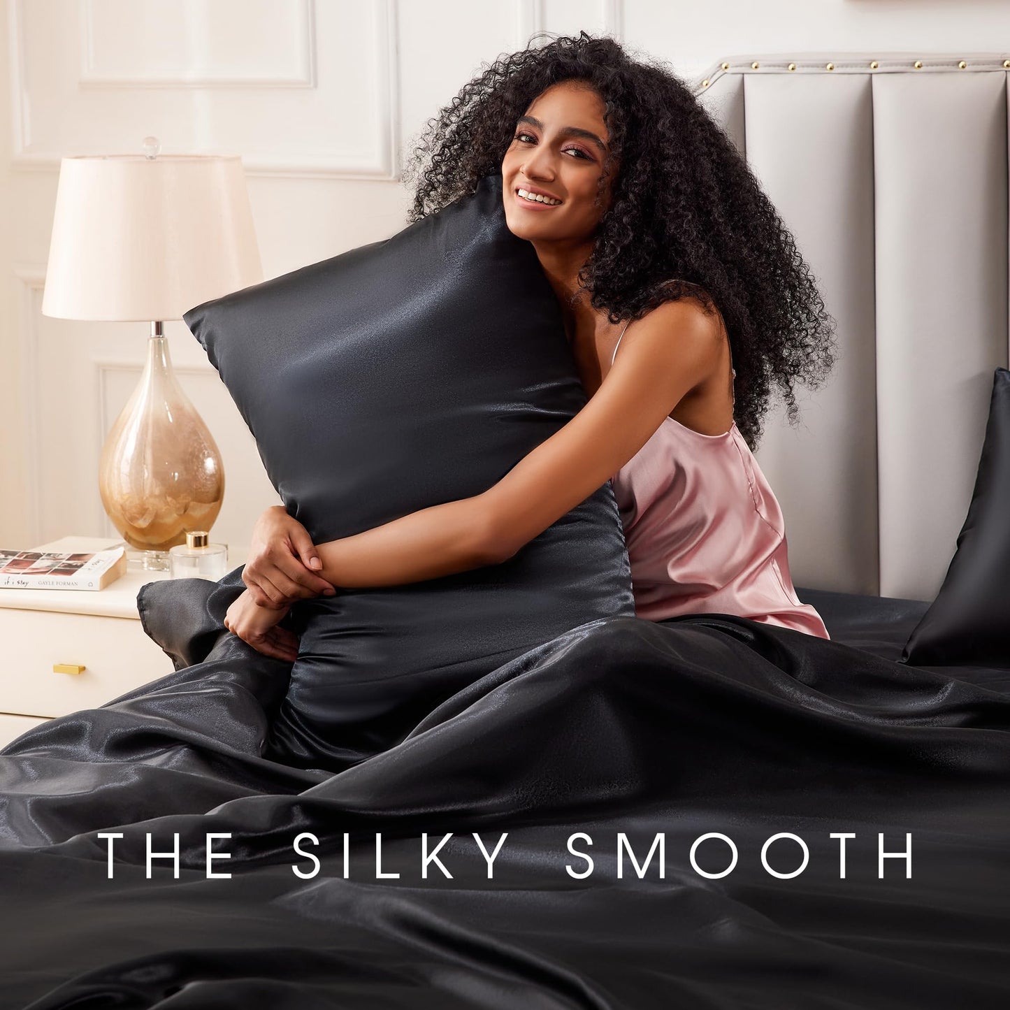 FreshCulture Satin Sheets King Size - 4 Piece Luxury Soft Silky Sheets for Hair and Skin, Similar to Silk Bed Sheet Set with 1 Deep Pocket Fitted Sheet, 1 Flat Sheet & 2 Pillowcases (Black)