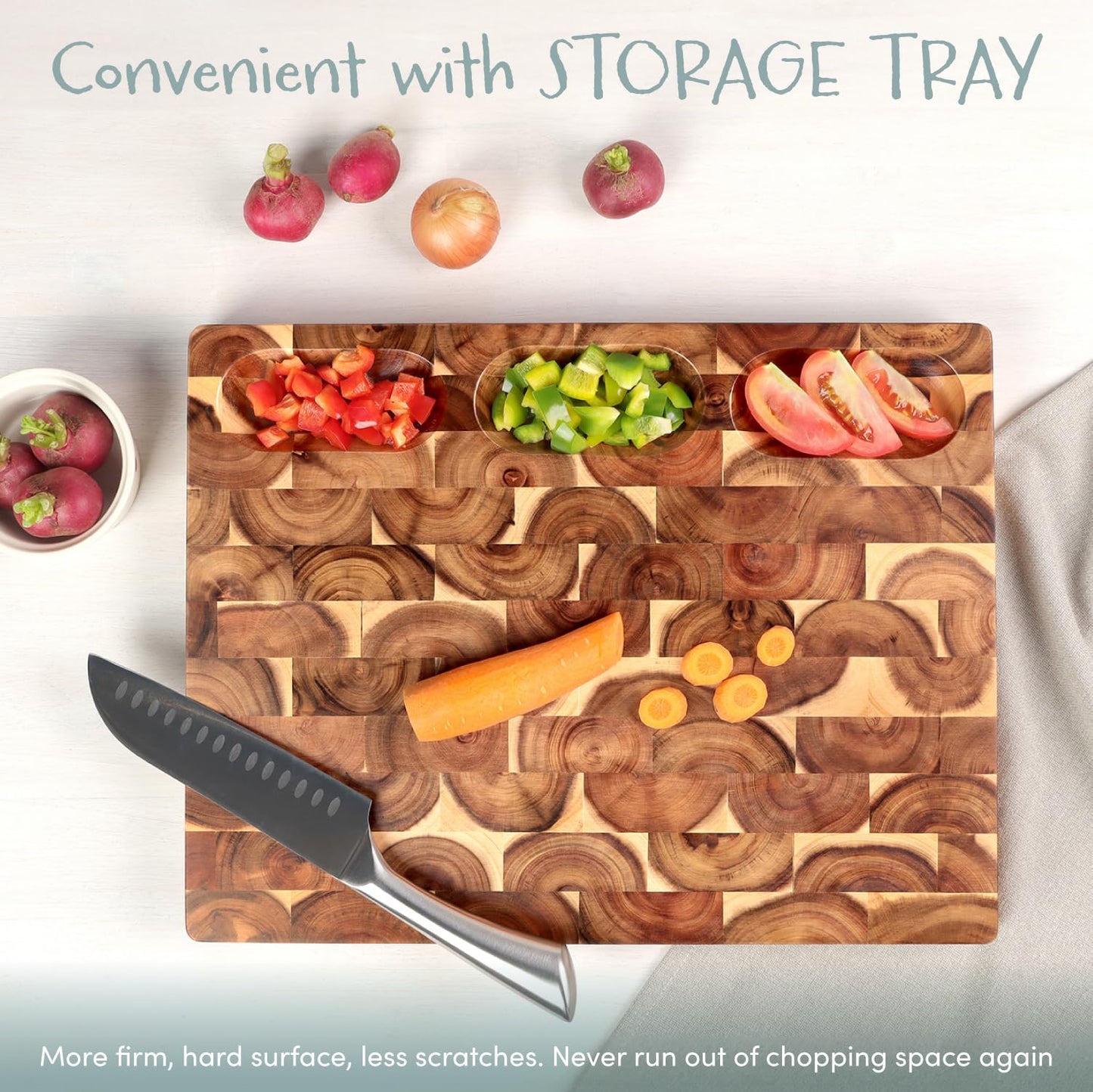 XL Acacia End Grain Wood Cutting Board (20x15x1.5in) Acacia Wooden Cutting Board, Butcher Block, Chopping Board - Reversible Multipurpose For Kitchen with Juice Groove, Cracker Holder & Inner Handles.