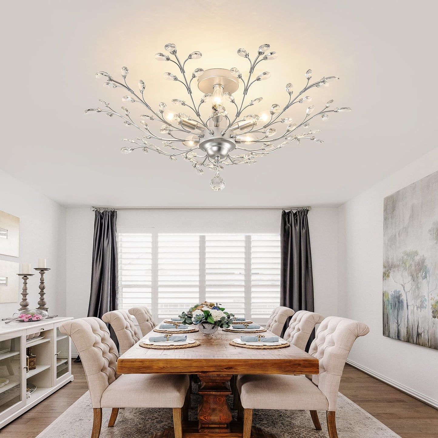 CVKASH 5-Light Vintage Small Crystal Chandelier Modern Silver Branche Ceiling Light Fixture Farmhouse for Kitchen Dining Room Living Room Bedroom Hallway Foyer