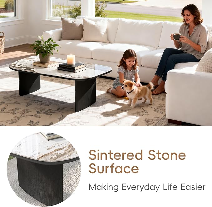 Luxury Marble Coffee Table, Premium Sintered Stone Top, Natural Wood Look Base