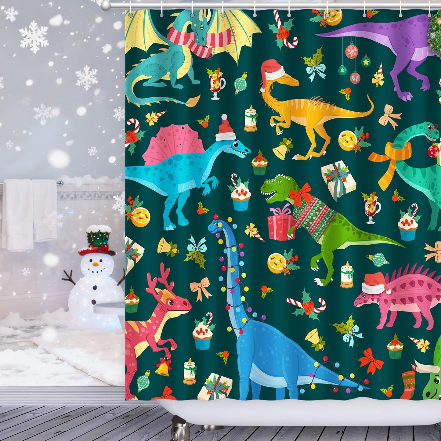 Shower Curtain Christmas, Kids Shower Curtain Santa's Hat Dinosaur Party Gift Box Cake Candy Jingling Bell String Light Xmas Theme Machine Washable Home Farmhouse Waterproof Decor Bathroom Curtain