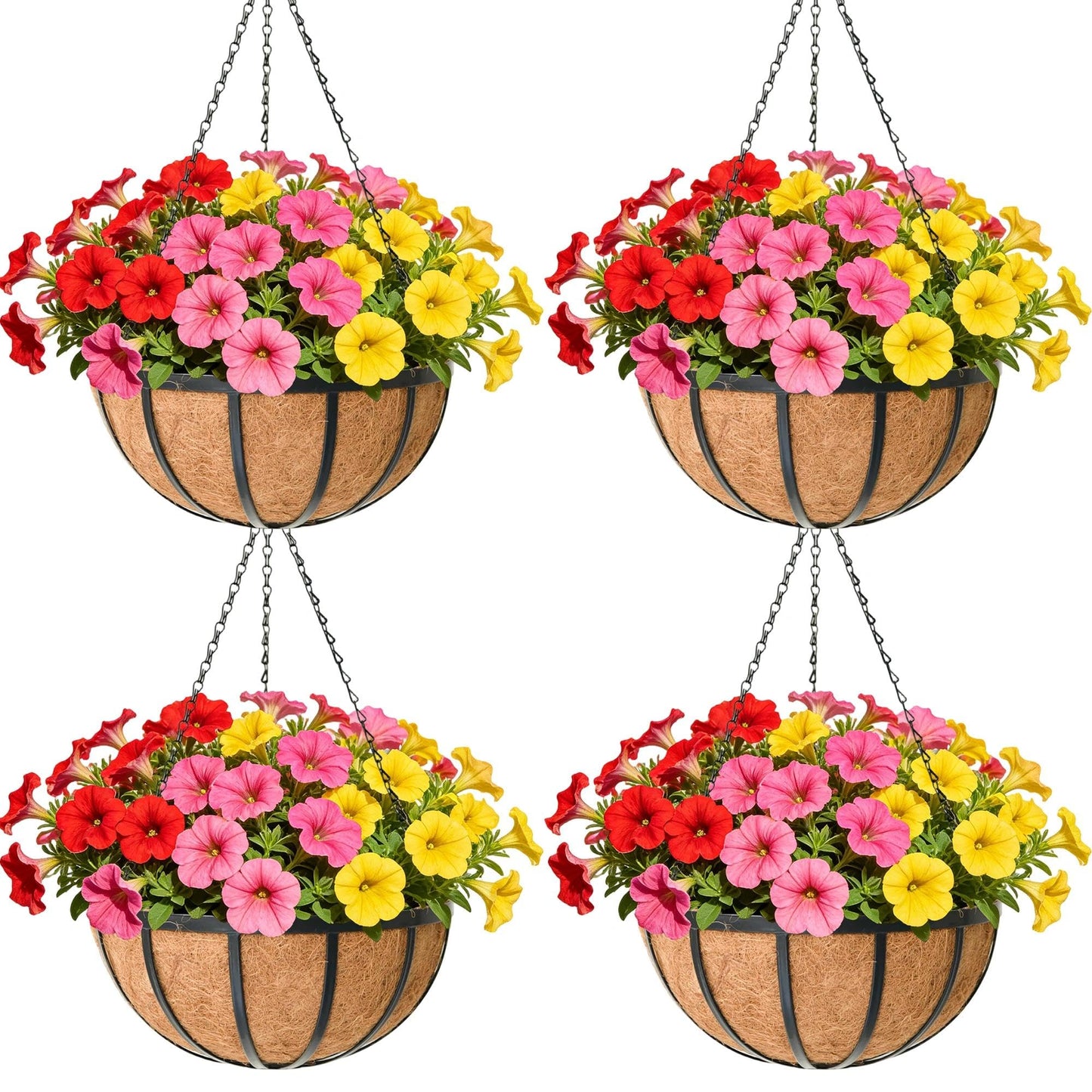 ZVOWOS 14 Inch Black Flat Iron Metal Hanging Planter Basket with Coco Coir Liner(4 Pack) Hanging Planters for Outdoor Plants Hanging Baskets for Plants Flower Pots for Deck Patio Porch Garden Balcony