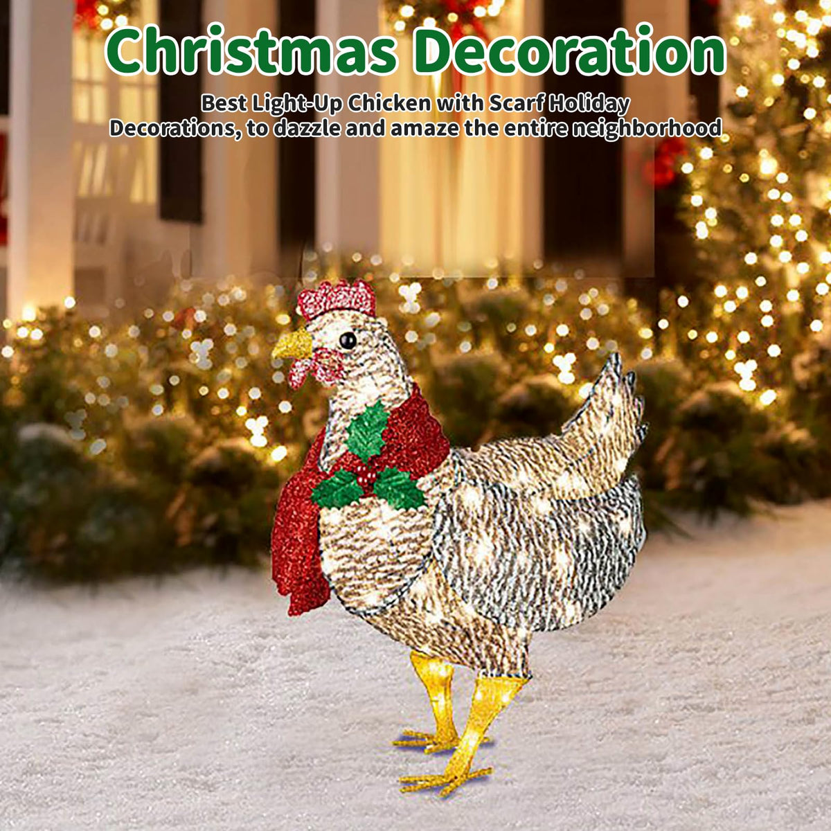 Plplaaoo Light Up Chicken Christmas Decoration with LED Lights – Light-Up Chicken Ornament with Scarf, Battery Operated Outdoor Lighted Chicken Decoration for Garden or Lawn(15.7x9.8in)