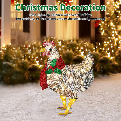 Plplaaoo Light Up Chicken Christmas Decoration with LED Lights – Light-Up Chicken Ornament with Scarf, Battery Operated Outdoor Lighted Chicken Decoration for Garden or Lawn(15.7x9.8in)