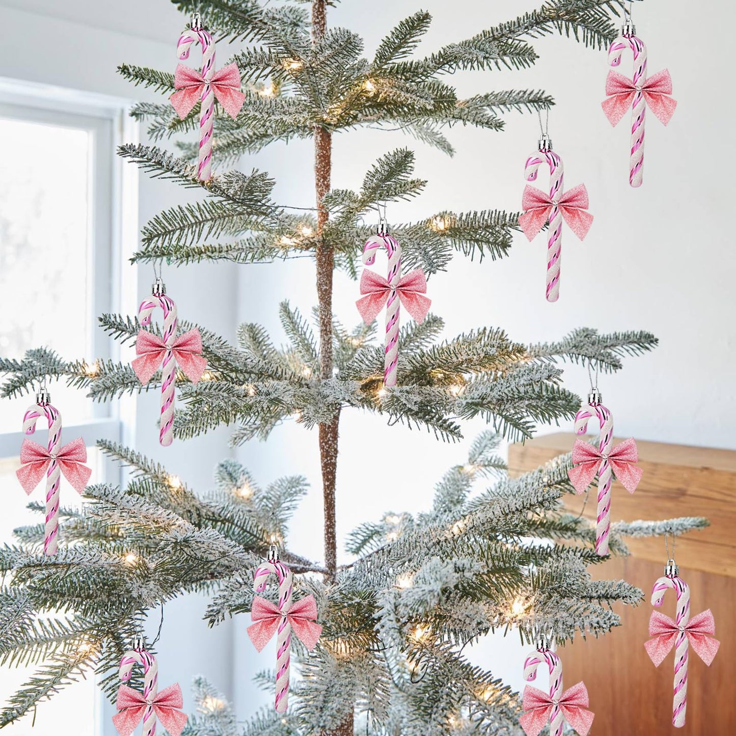 FYFLED Candy Cane Christmas Tree Decorations - 12 Pcs Candy Cane Ornaments for Tree, Glitter Candy Cane Bows for Xmas Tree Hanging Ornament Festival Party Home Decor, Pink