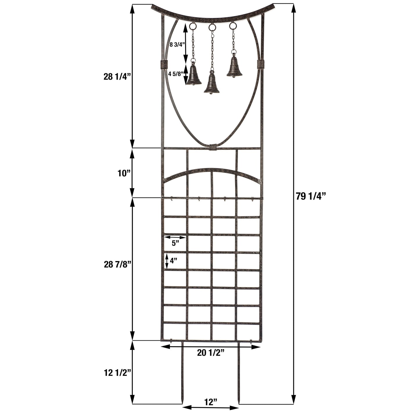 H Potter Bell Garden Trellis 67" Installed Height — 26-Lb Heavy Duty Iron Climbing Trellis with Decorative Bells — 79" Overall with Ground Spikes, Freestanding Outdoor Trellis