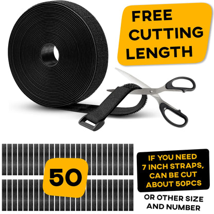 Hook and Loop Cable Straps with 50 Bucklets and 25 Carabineres, Reusable Fastening Cable Ties, Wire Management Securing Strap for Cable Tidy, Wire Management, Multi-Purpose Cord Organizer (Black)
