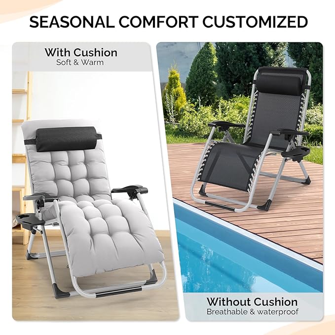 VINGLI 29" Padded Zero Gravity Chair, Lounge Chair with Removable Cushion & Tray， Folding Reclining Patio Chairs， Recliner Chair for Lawn，Indoor Outdoor-Grey