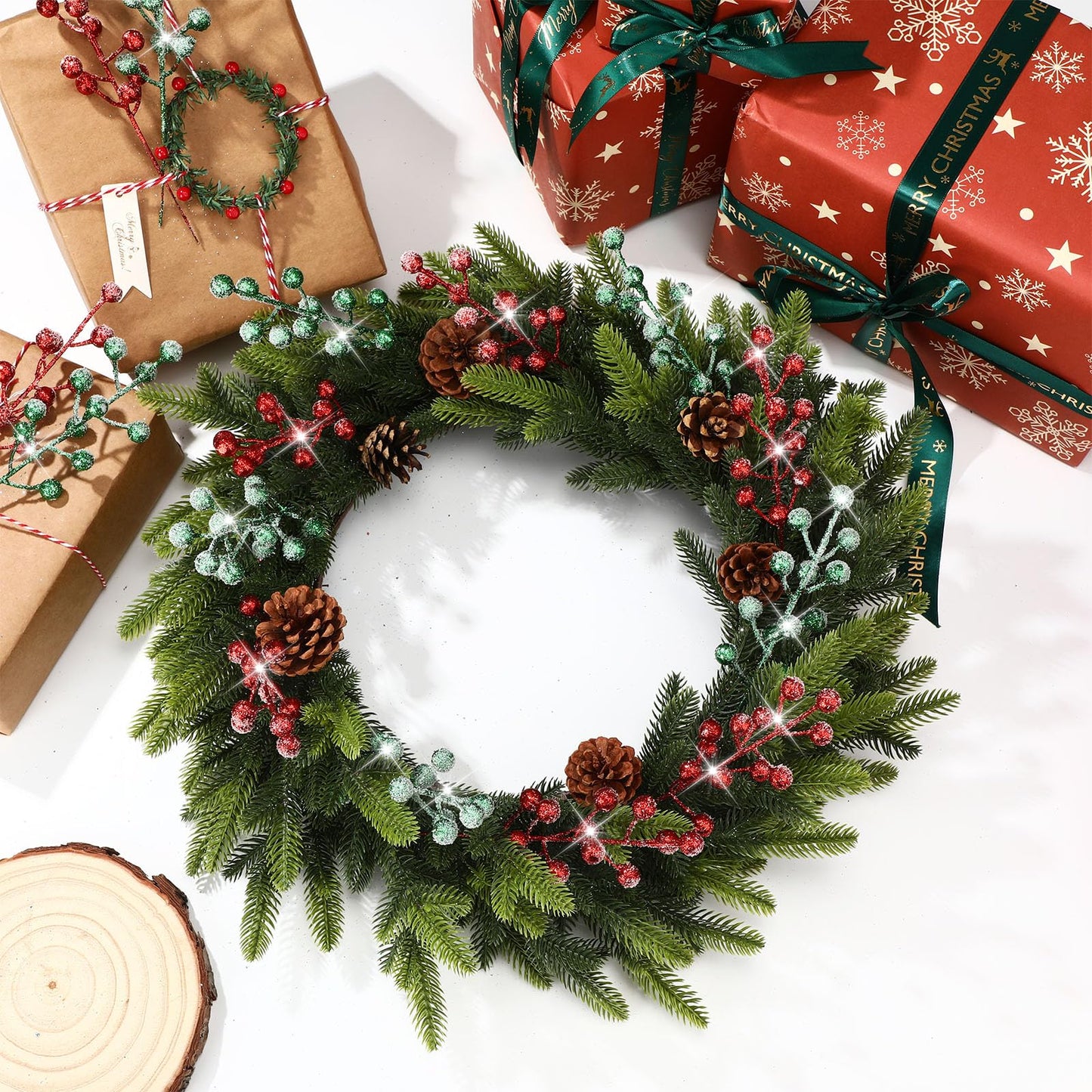 Geosar 30 Pieces Artificial Christmas Berry Picks with Snowflake Glitter Holly Berry Stems for Christmas Tree Ornaments Vases DIY Crafts Wedding Party Holiday Decor(Glitter Red, Light Green)