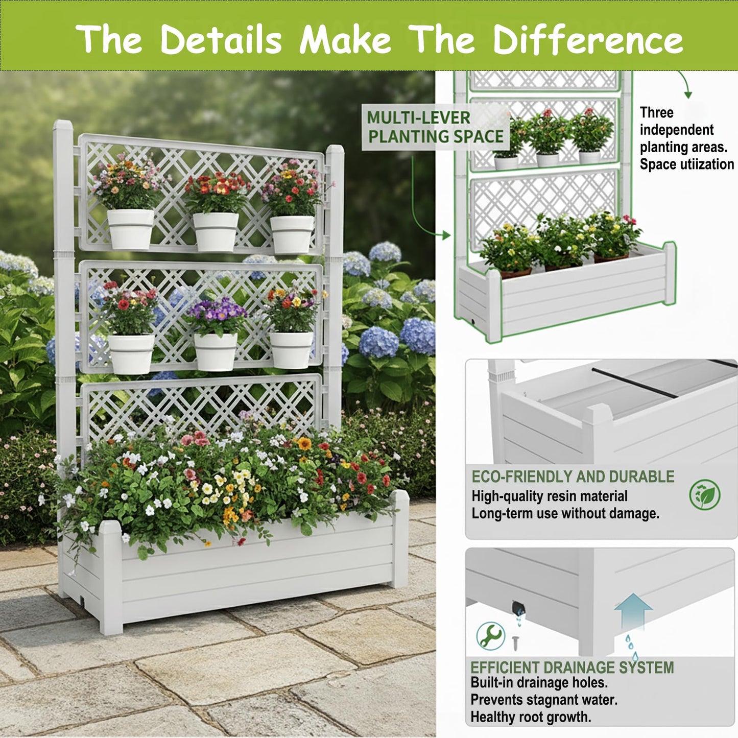 Tramull 5' Tall Raised Garden Bed with Trellis, Self Watering Planter Box for Outdoor Climbing Plants Resin Garden Lattice for Vegetables, Flowers, Tomato & Vine with Drainage Holes (Ashen, 1 PC)
