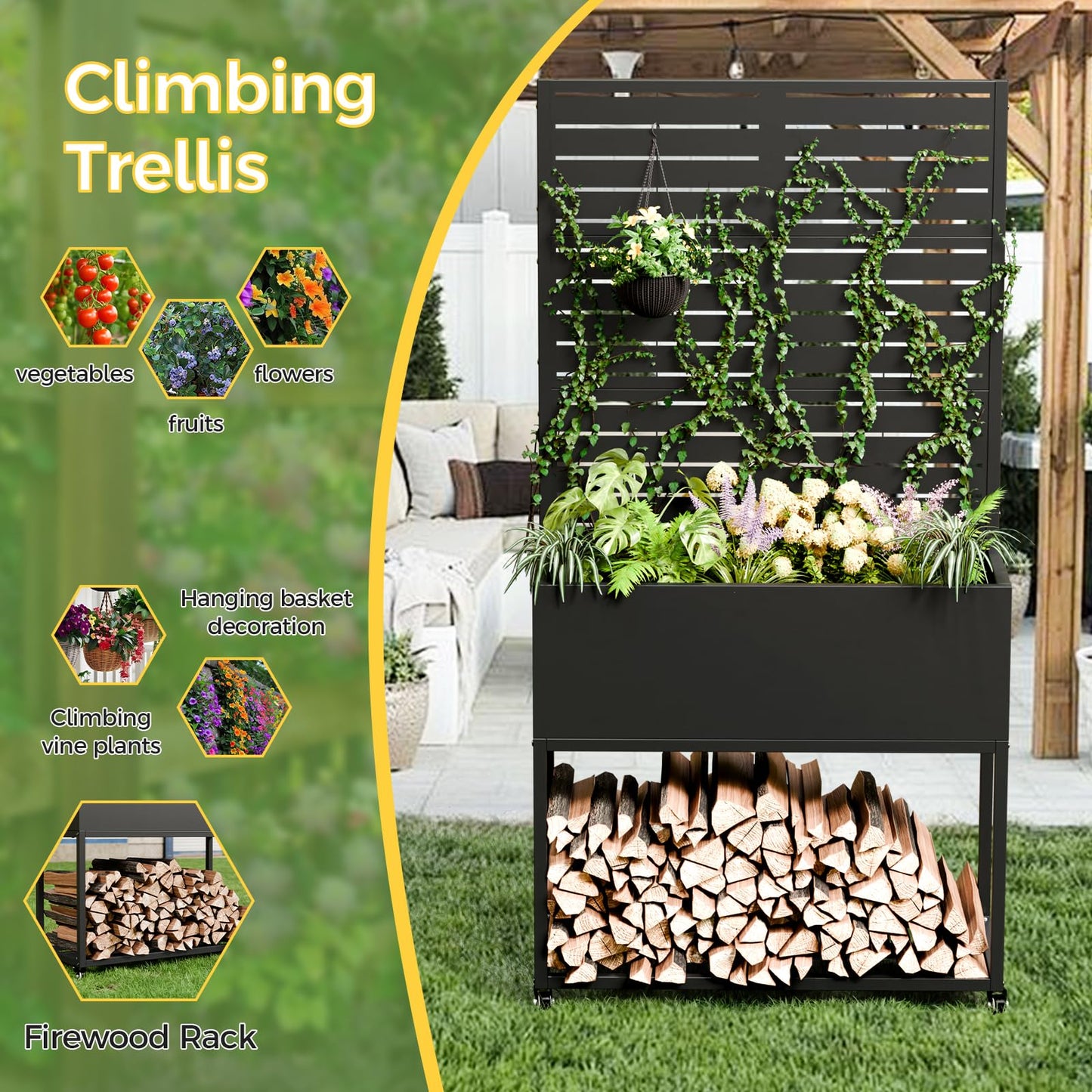Metal Planter Box with Trellis, 3 in 1 Raised Garden Bed with Trelli & Firewood Rack, Privacy Planter Screen for Climbing Plants, Vine, Outdoor Garden Standing Beds with Drainage Holes, Wheels,Black