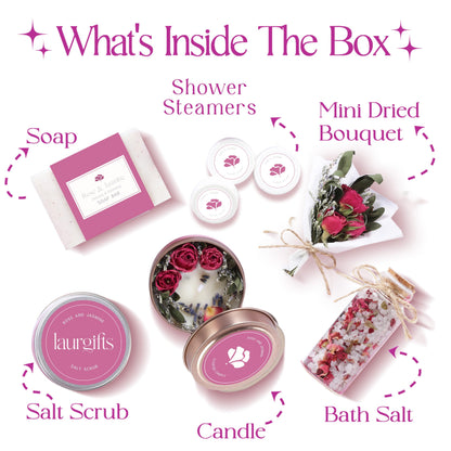Mothers Day Spa Gift Set for Women – Rose & Jasmine Candle Gift Set with Bath Treats, Relaxing Self Care Basket, Birthday Gift for Mom or Friend