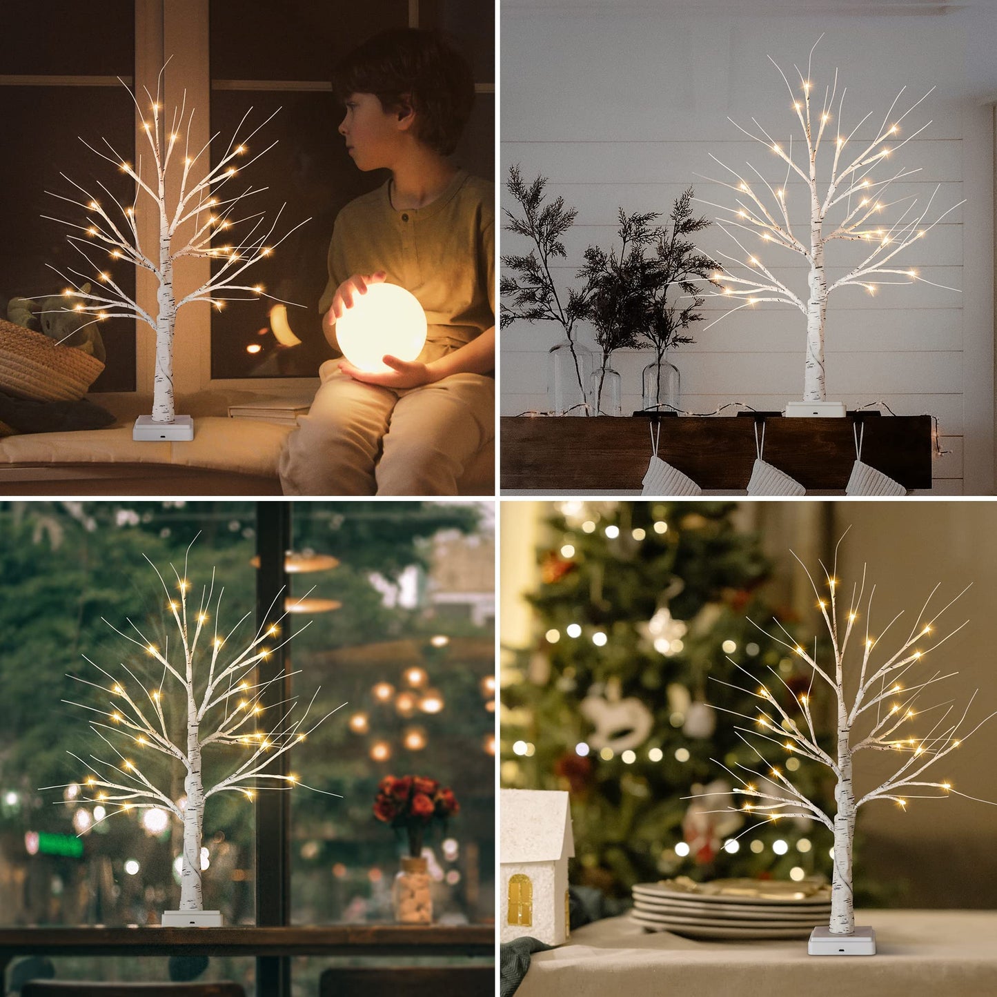 Woohaha Birch Tree for Christmas Decorations,2ft 24LED Warm White Lighted Birch Tree，Battery USB Timer Tabletop Artificial Mini Tree with Lights for Home Indoor Holiday Party Wedding Graduation Decor
