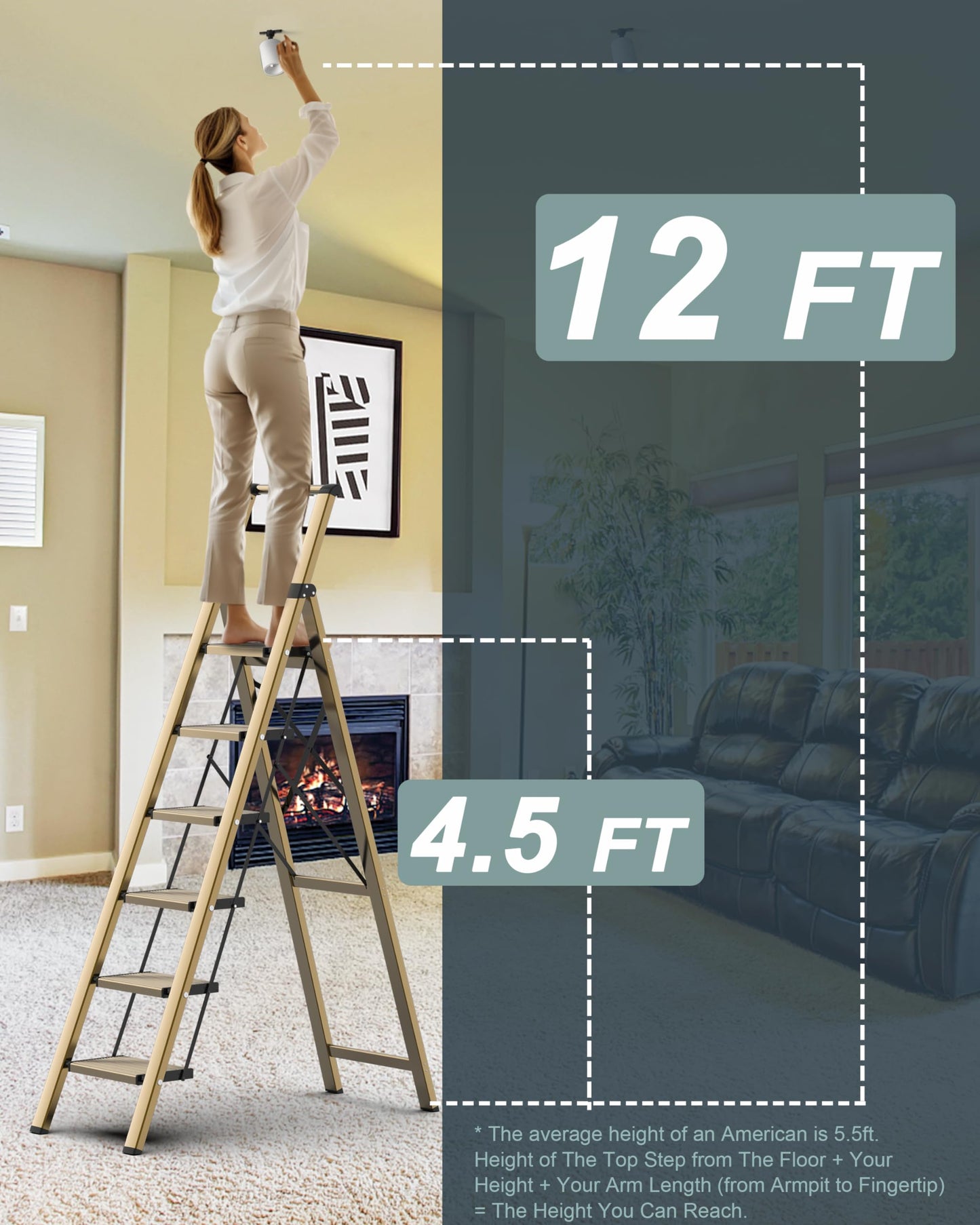COROCO 6 Step Ladder for 12 Feet High Ceiling, Folding Step Stool with Handgrip and Anti-Slip Wide Pedal, Portable Aluminum Stepladder for Kitchen, Home (300 lbs Capacity) - Gold