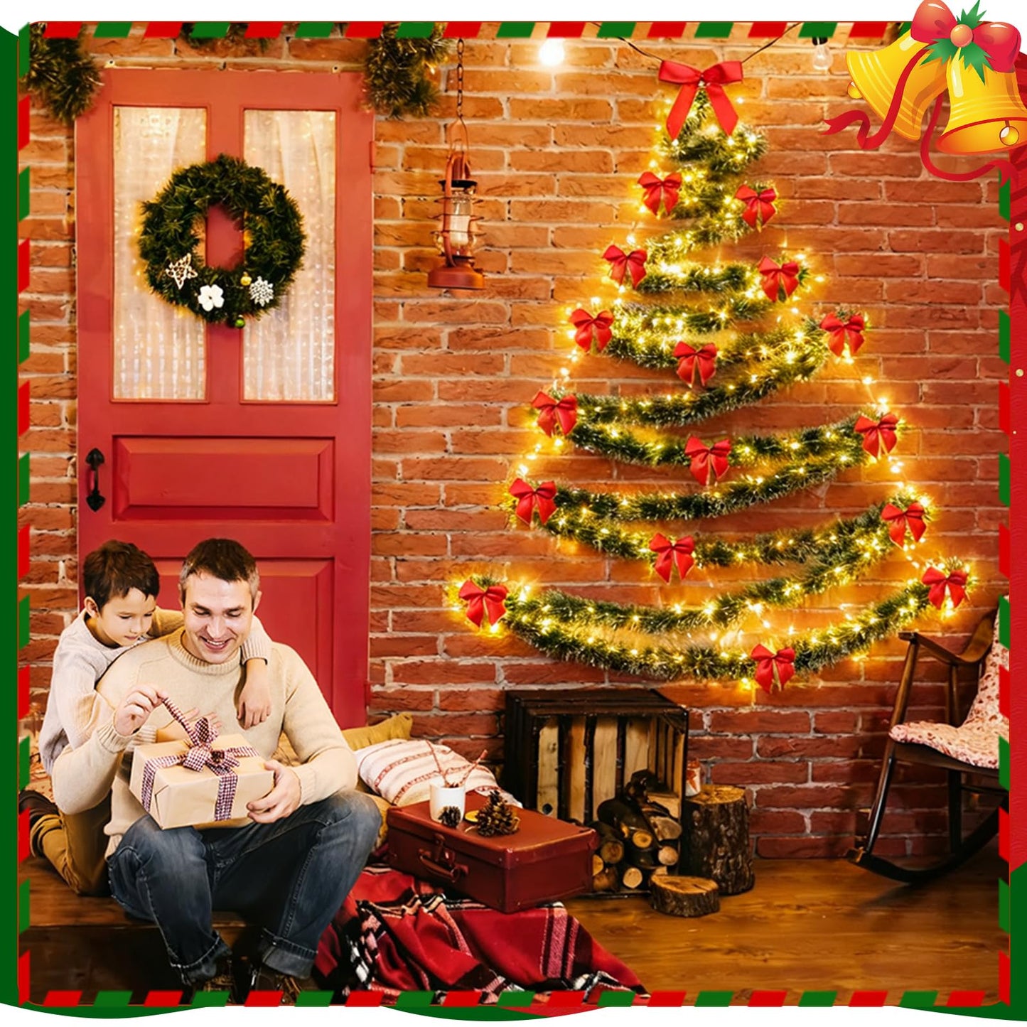 Christmas Tree Wall Decoration Artificial DIY Wall Mounted Hanging Christmas Tree with LED Light Garland Red Satin Bows Space Saving Xmas Decoration for Home Door Indoor Small Space Holiday Supplies