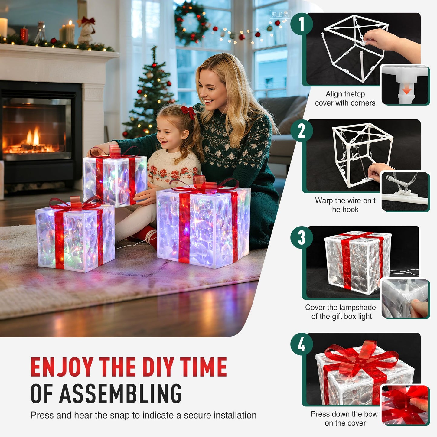 Set of 3 Christmas Lighted Gift Boxes with 50 LEDs,Outdoor Christmas Decorations,8 Modes RGBW Lights,Battery Operated Light Up Present Boxes for Christmas Trees Indoor Outdoor Home Yard Lawn Decor
