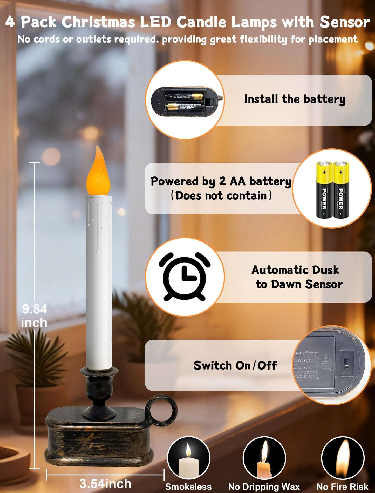 4 Pack Christmas LED Candle Lamps with Sensor, 10Inch Battery Operated Window Candles with Flickering Flame for Indoor Bedroom Christmas Decoration with Bronze Plated Holder