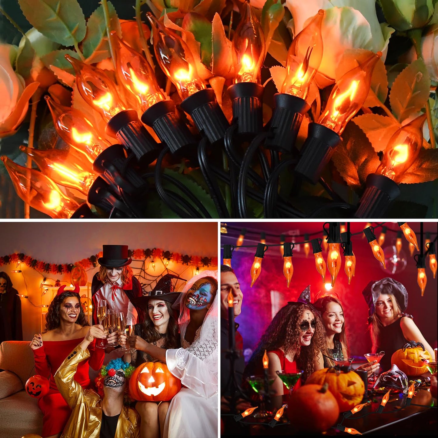 Glowzy Halloween Lights Flickering Flame String Lights with 12 Pack C7 Orange Flame Light Bulbs (2 Spare), 12.8Ft Orange Flame String Lights for Indoor Outdoor Home Party Yard Halloween Decorations