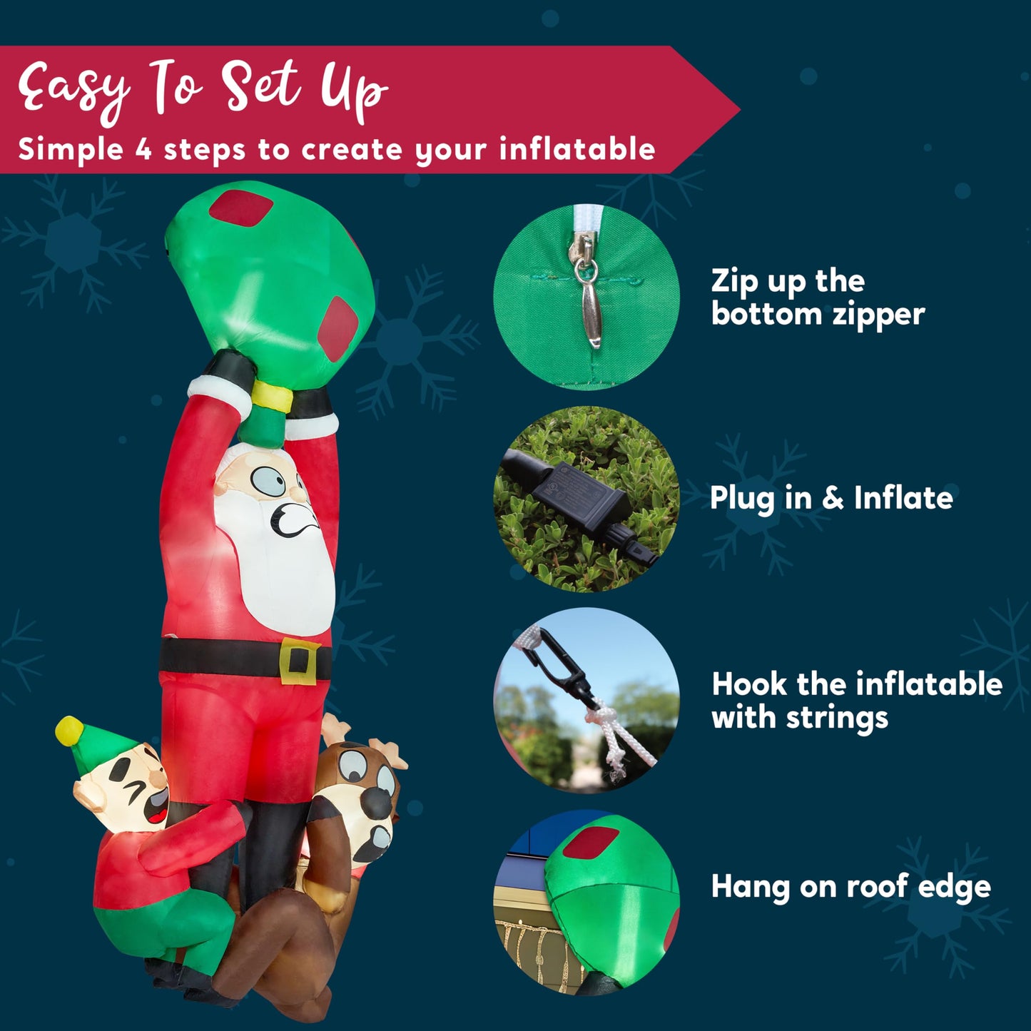Joiedomi 8 FT Tall Hanging Christmas Inflatable Outdoor Decoration, Christmas Blow Up Santa with Reindeer Elf Inflatable, Inflatable Climbing Santa for Christmas Roof Decor Christmas Yard Decor
