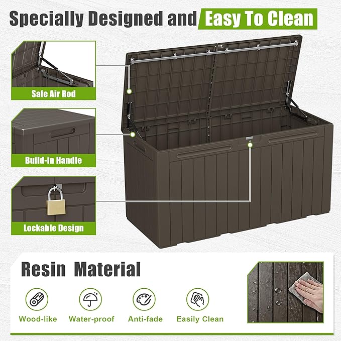 Flamaker Resin Deck Box 100 Gallon Large Lockable Outdoor Storage Box Waterproof for Patio Cushions, Tools, Pool Accessories (Deep Brown)
