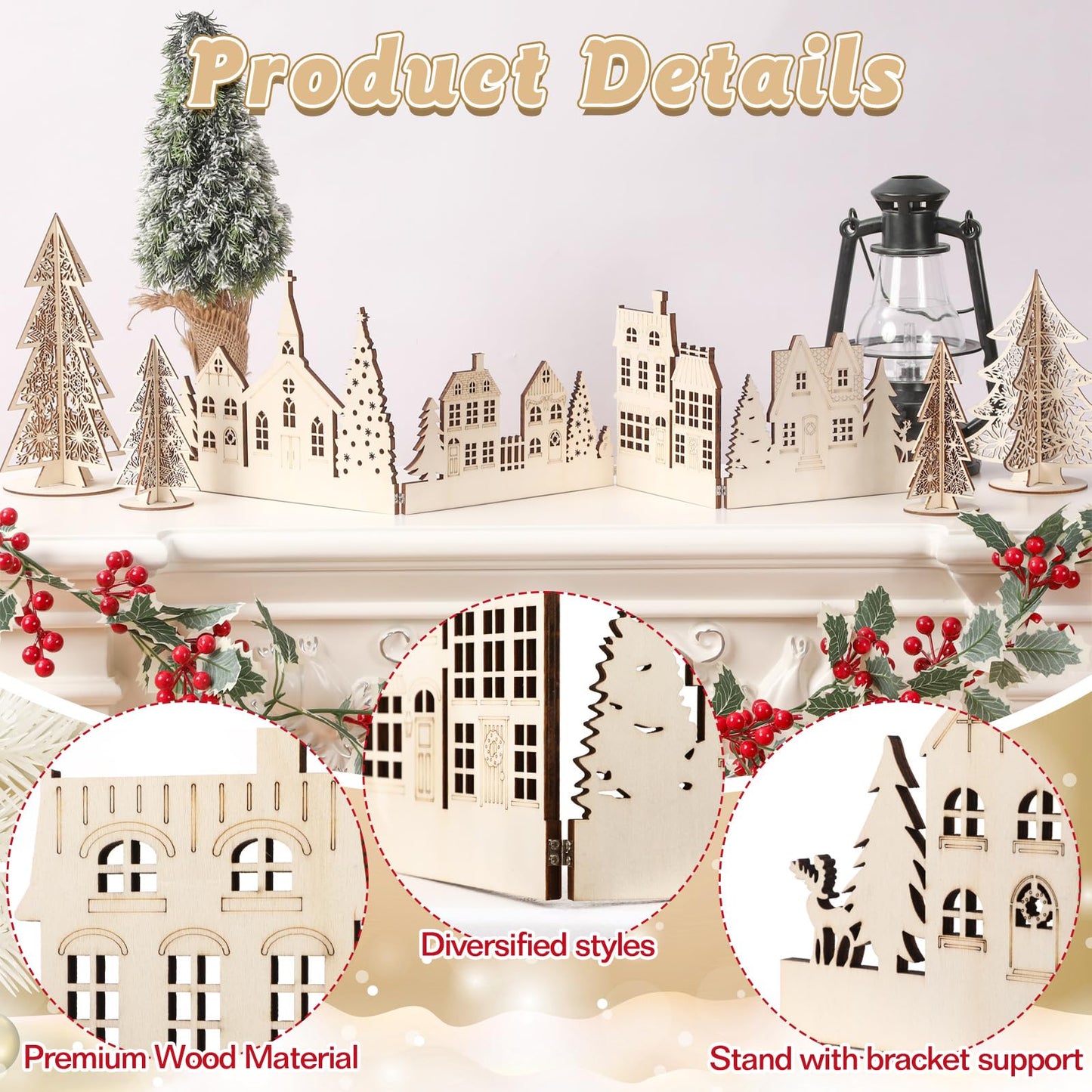 32 Inch Christmas Tabletop Decoration Wooden Christmas Themed Church Tree and House Signs Farmhouse Centerpiece for Home Kitchen Table Shelf Decor
