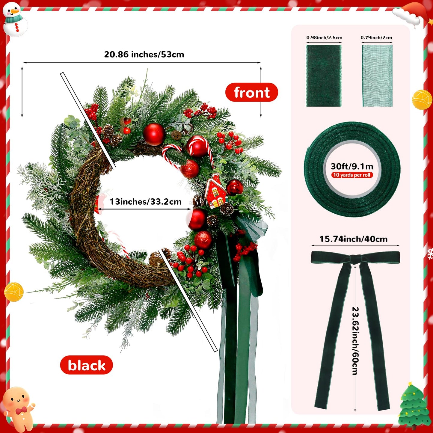 20" Christmas Wreath for Front Door, Christmas Door Wreath Decoration with Ball Ornaments, Red White Candy, Pine Cones Berries & Bow, Holiday Decoration