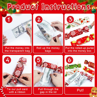 8 Pcs Christmas Surprise Money Pull Pouch Christmas Money Box for Cash Gift Pull Xmas Cash Holder for Cash for Kid Adult with 80 Pcs Transparent Bags Creative Way to Give Dollar Gift