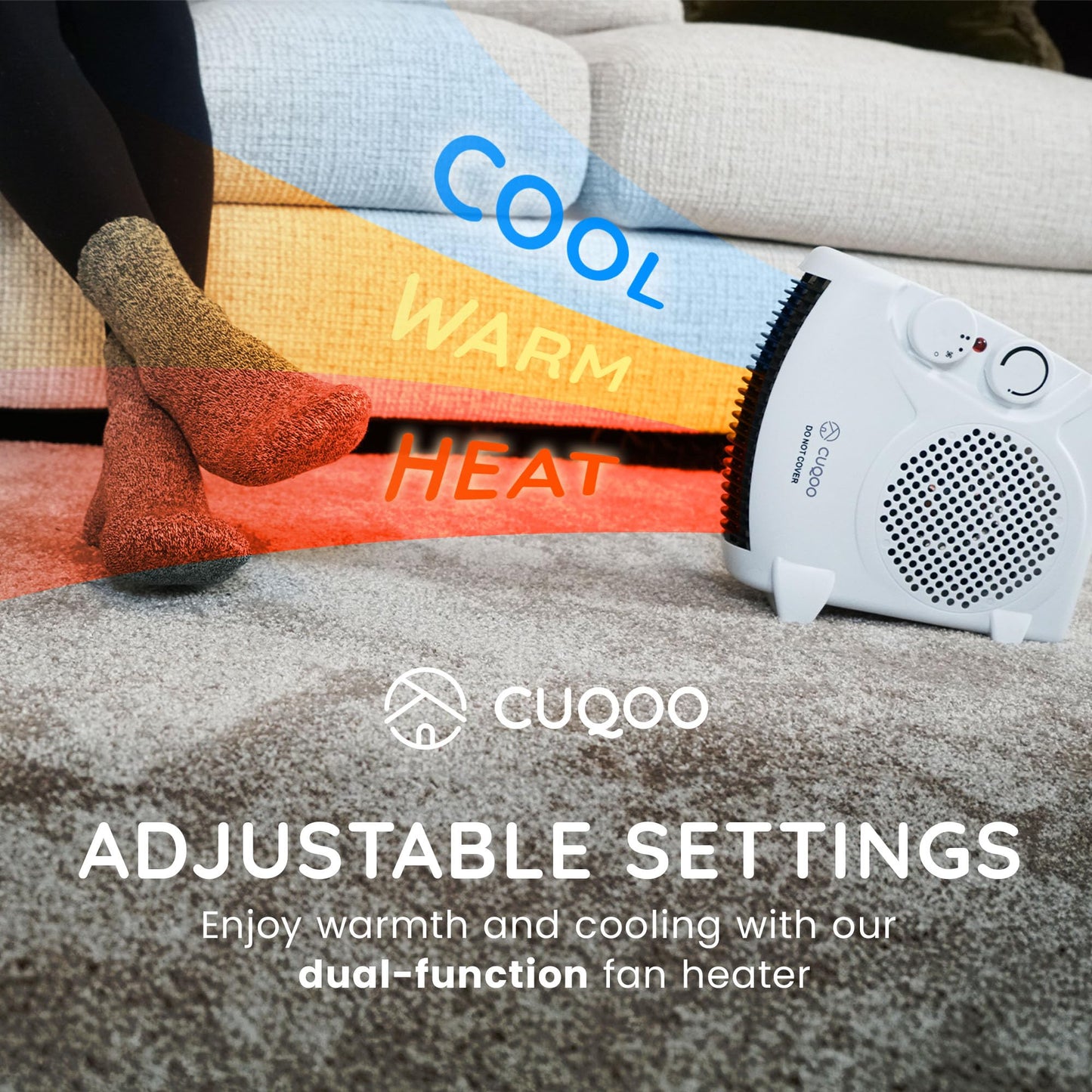 CUQOO Powerful 2KW Fan Heater with 2 Heat settings & Cool Function - Upright Electric Quiet Space Heater for Home with Variable Thermostat, Low Energy Usage