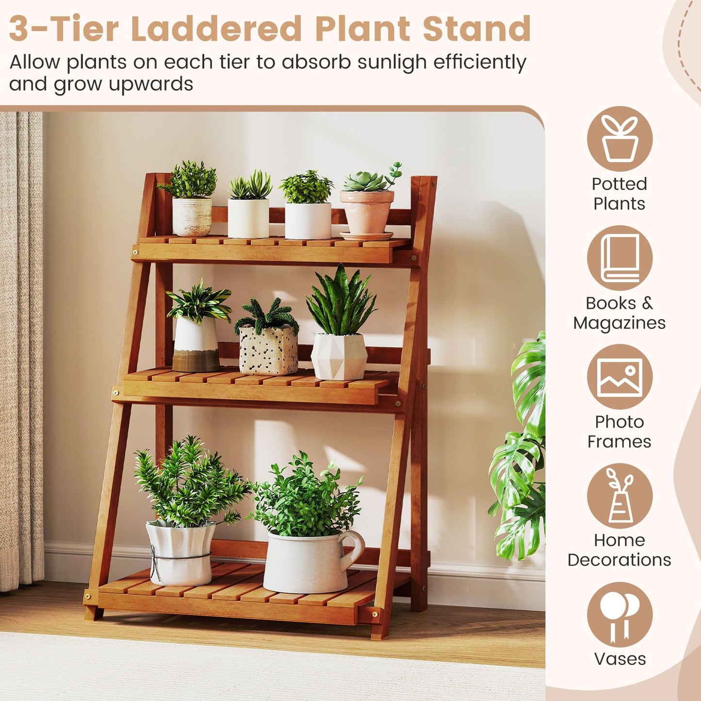 Giantex Foldable Ladder Plant Shelf, 3-Tier Solid Wood Indoor Outdoor Flower Pot Display Rack, Corner Storage Bookshelf, Freestanding Tiered Plant Stand for Garden Patio Balcony, No Assembly