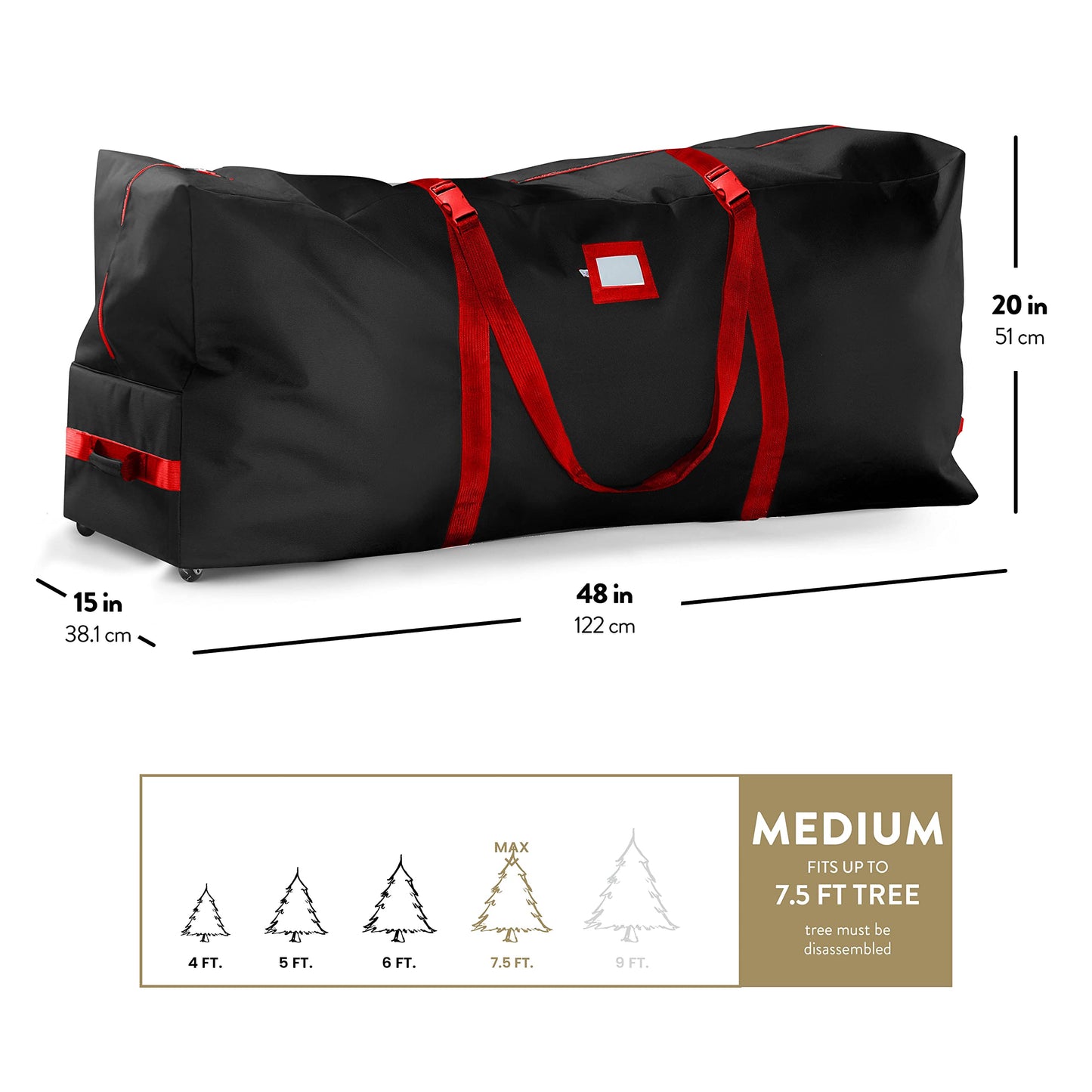 ZOBER 600D Oxford Fabric Rolling Christmas Tree Storage Bag - Fits 7.5 Ft Artificial Trees - Waterproof Christmas Tree Bag For Storage Box For Xmas, Durable Handles and Wheels - Card Slot - Black
