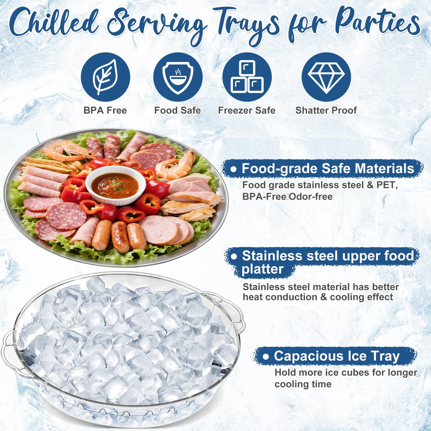 Chilled Serving Trays for Parties, 3 Set 11.8" Compartment Charcuterie Platters for Serving Food Party Shrimp Cocktail Servings Dish Keeps Food Cold for Vegetable Fruit, Cheese, Seafood & Dip