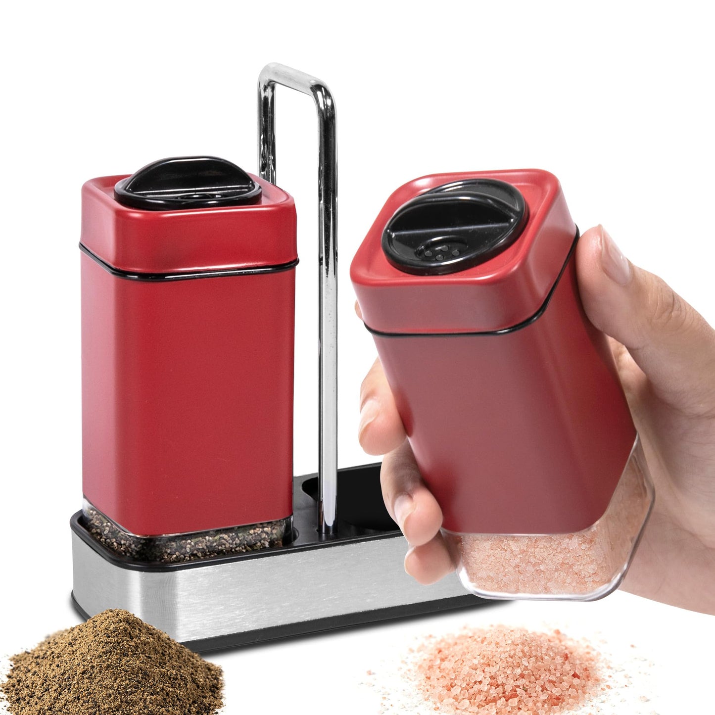 Red Salt and Pepper Shakers Set with Holder, Salt Shaker with Adjustable Pour Holes, Stainless Steel Refillable Spice Dispenser by Aelga