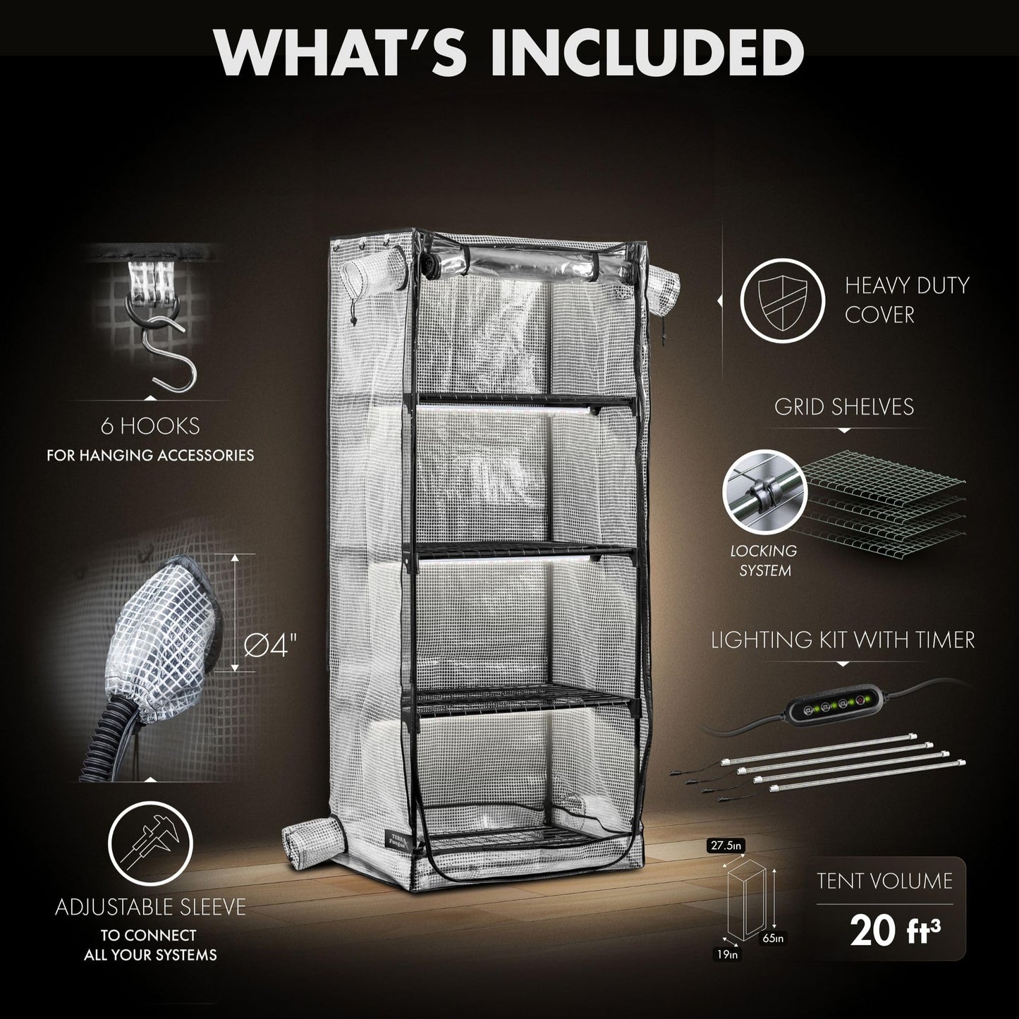 Mushroom Grow Tent with 6500K LED Light & Timer, 4-Tier Shelves Fit Up to 8 Monotubs, Mini Indoor Greenhouse with Grow Light, Waterproof Tray, 4 Vents, Martha Tent