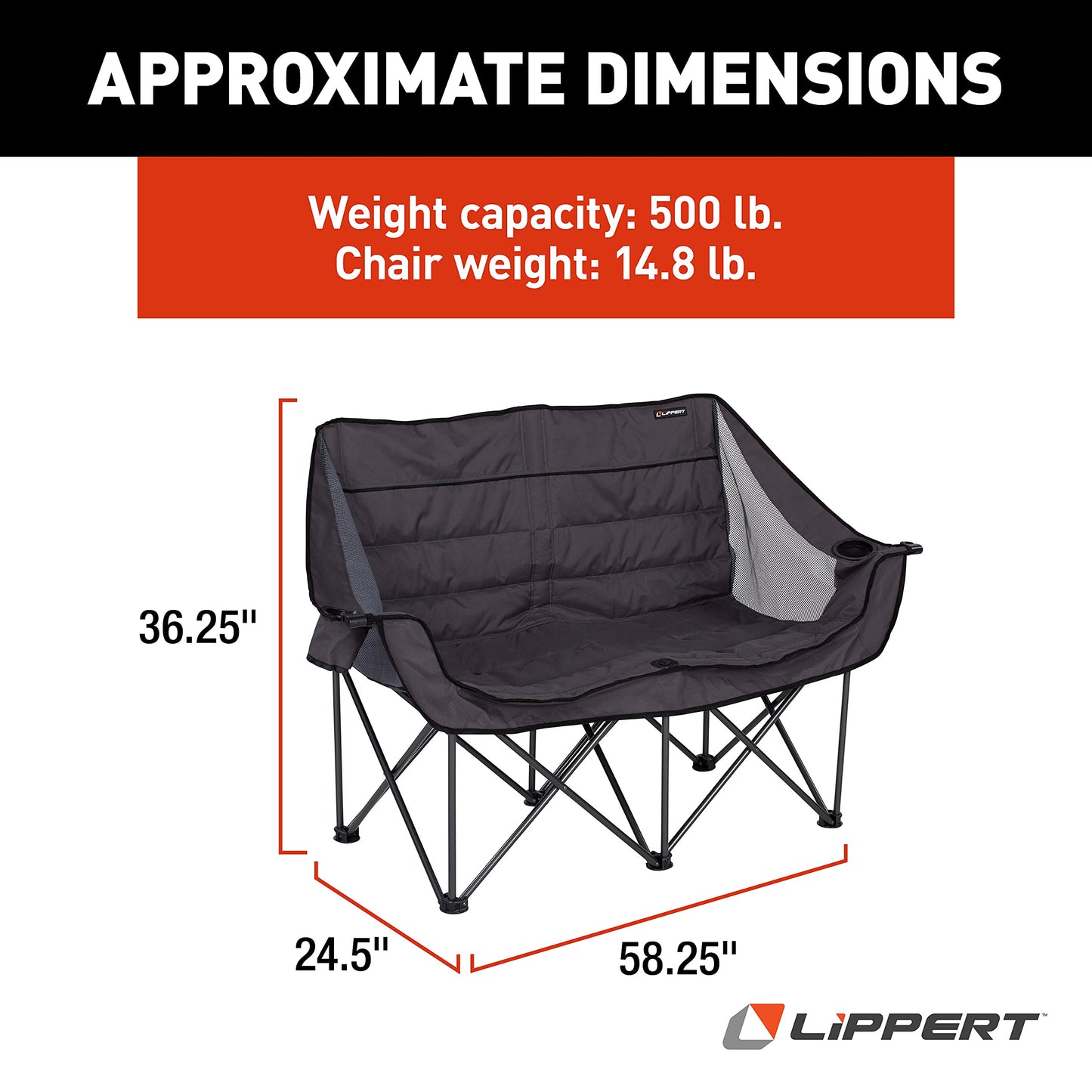 Lippert Campfire Folding Loveseat with 500-lb. Weight Capacity, Carry Bag, Durable Mesh Fabrics, High-Loft Cushioning, Storage Pocket, Dual Cupholders, Stemmed Wine Glass Holder (Grey) - 2021000206