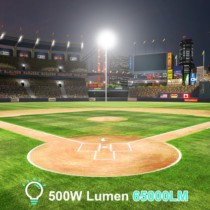 SJHUOUP 500W Stadium Lights LED Flood Light Outdoor Super Bright 65000LM 6500K Daylight IP67 Waterproof Arena Light 100-277V Surge 6KV Adjustable Angle for Court, Field, Parking Lot, Sports Lighting