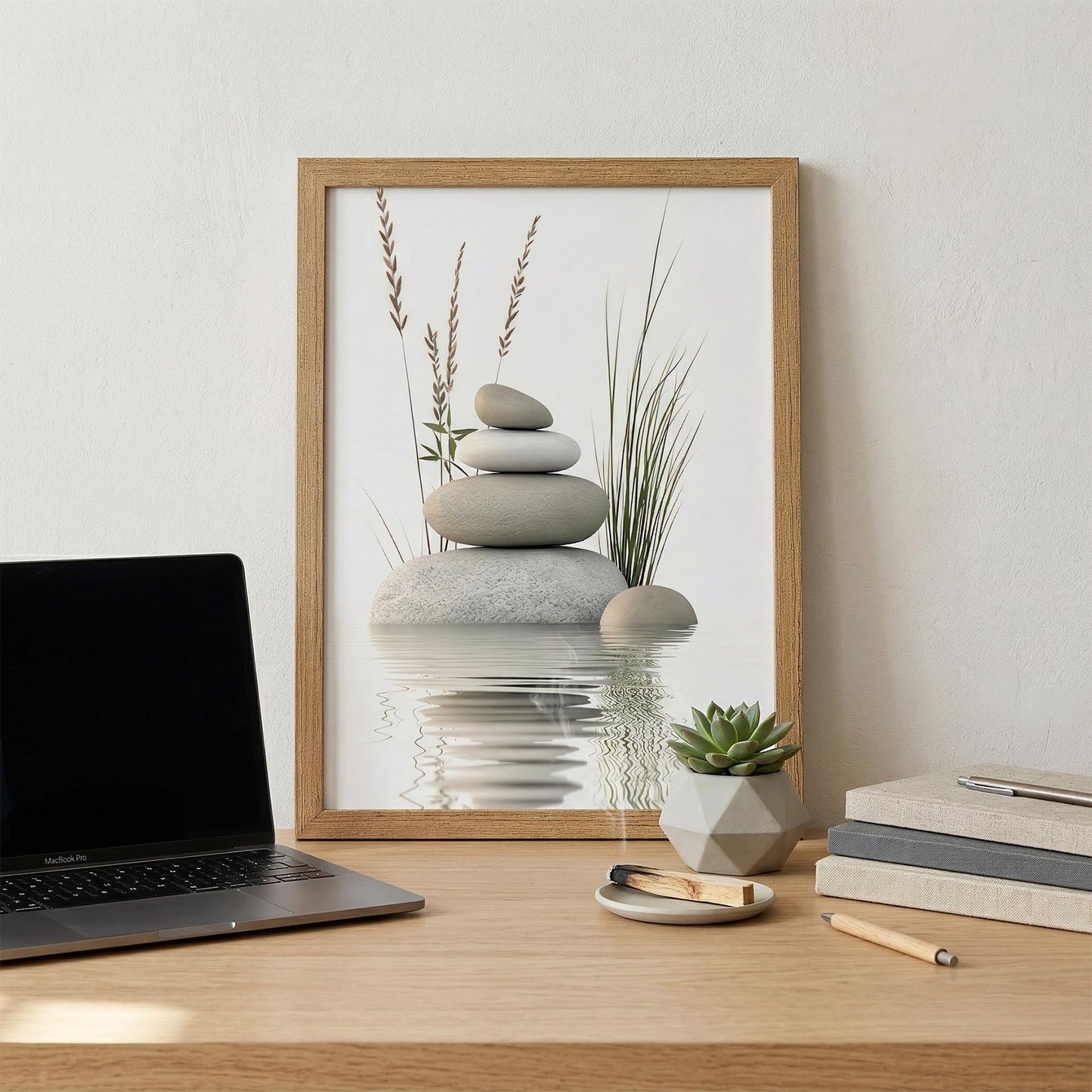 Calming Zen Stone Framed Wall Art - Serene Rock Balance with Water Reflection and Reeds, Natural Wood Frame Perfect for Bathroom, Spa, Living Roomor Meditation Decor 8''x10 Inch