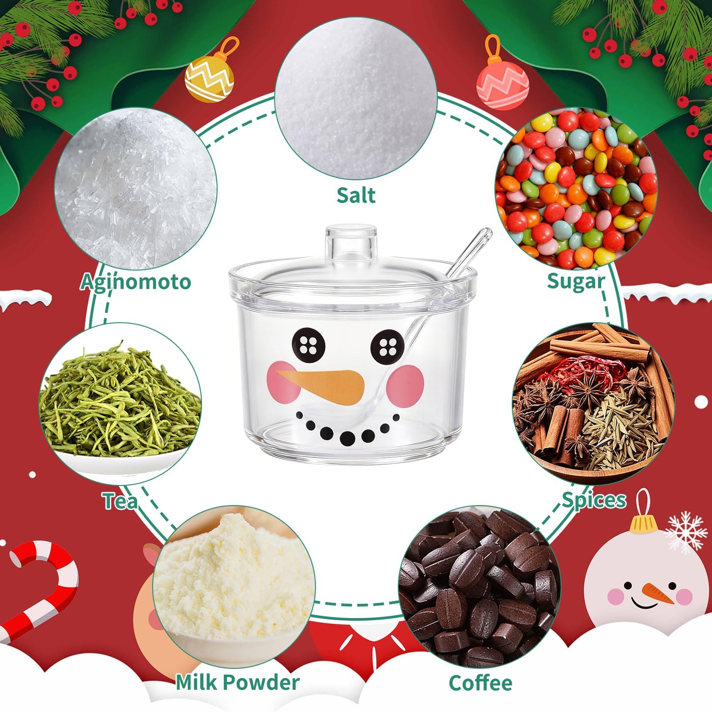 Foxtell 4 Pcs Christmas Clear Acrylic 450ml Sugar Bowls with Lid and Spoon Ice Cream Sundae Storage Container Kitchen Canister Condiment Bottle for Xmas Party Serving & Decor
