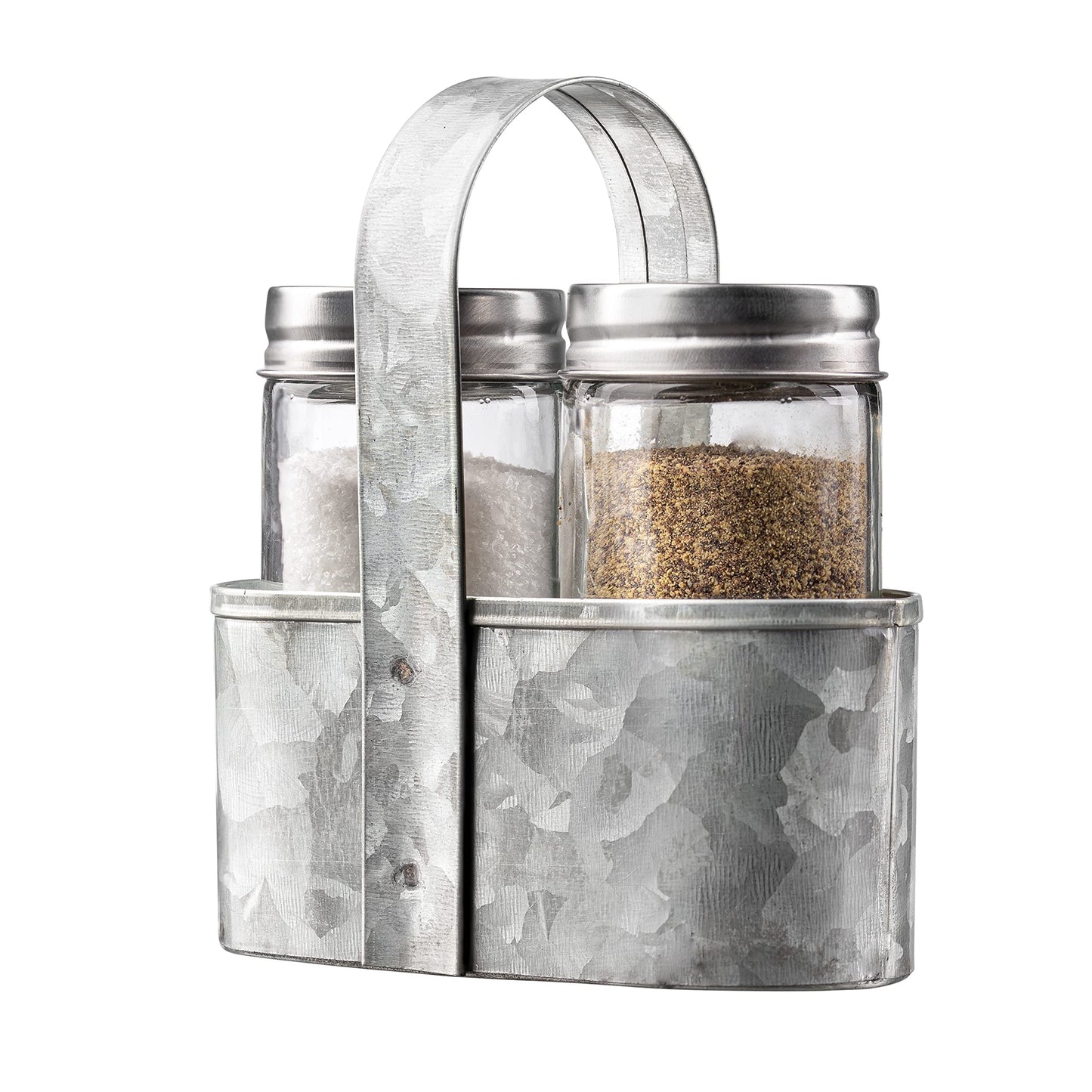 Royalty Art Farmhouse Salt and Pepper Holder with Carry Handle, Rustic Home Decor for Kitchen Counter, Picnic Table, BBQ, and Camping, Silver Galvanized Steel
