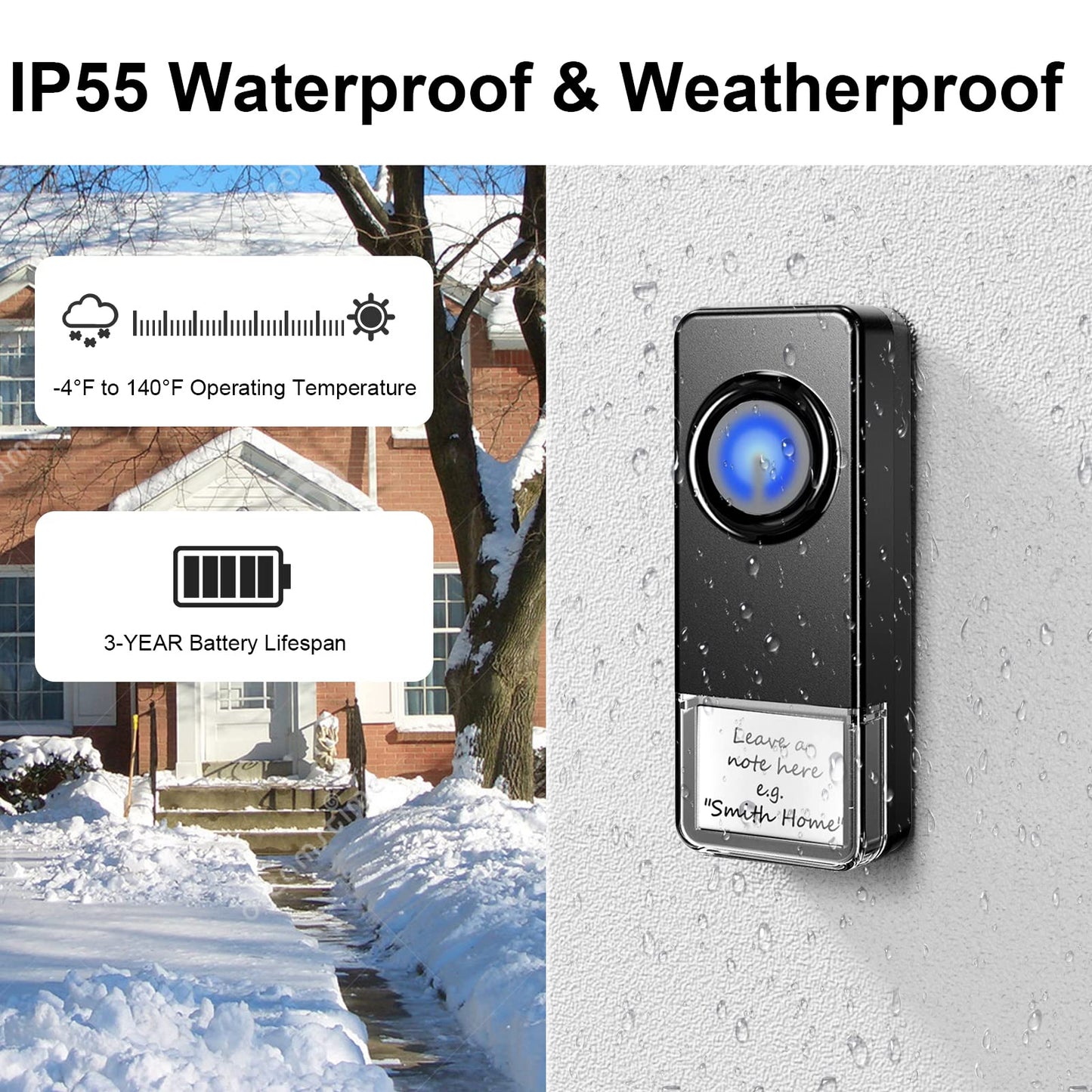 Wireless Doorbell - PHYSEN Door bell Chimes with Mute Mode - 58 Ringtones&5 Volume Levels Operating at 1300-ft Range LED Strobe, 2 Transmitters+3 Receivers Waterproof Doorbell Kit for Home/Classroom