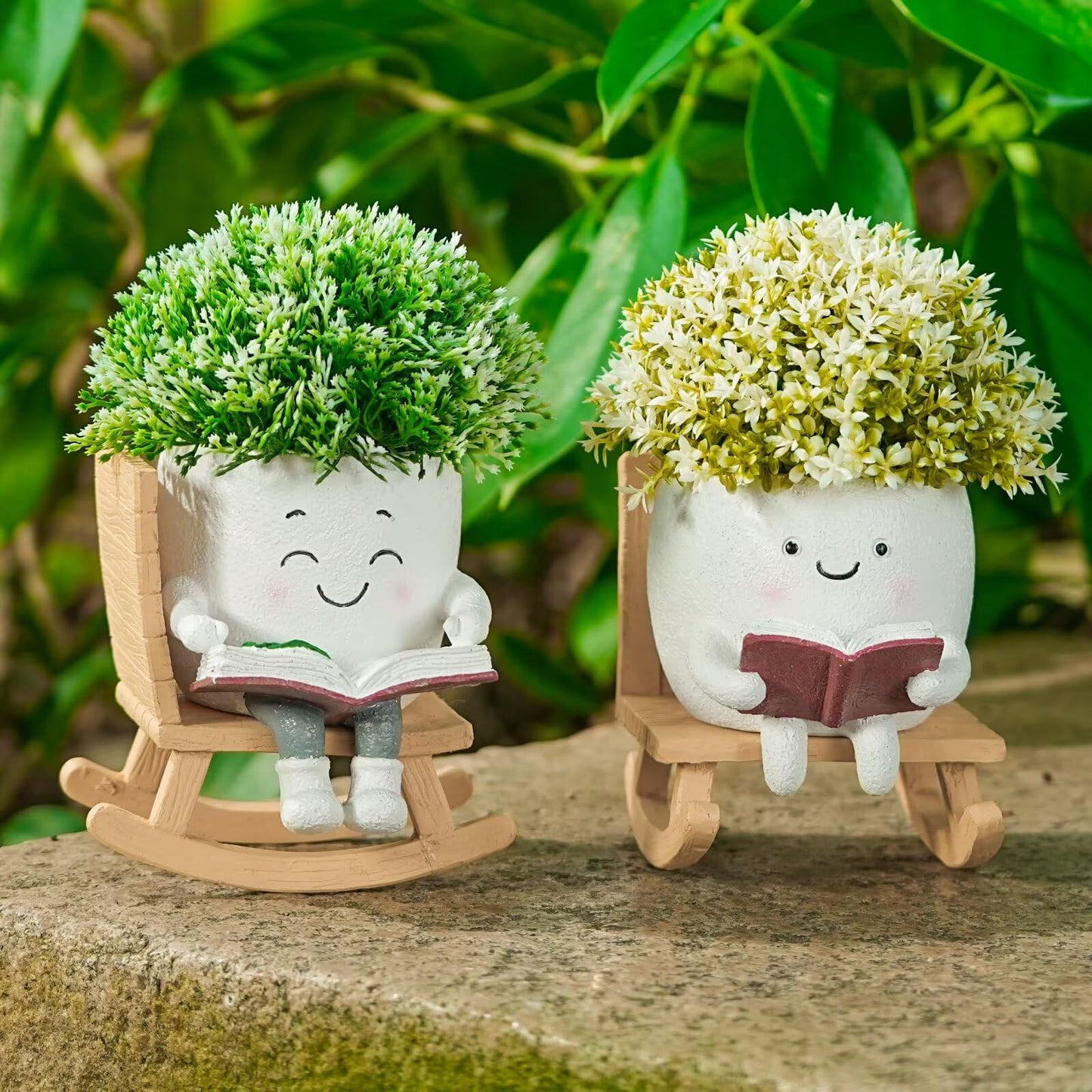 SeoatLink Cute Plant Pots Head Planters, Funny Rocking Chair Reading Book Planter Cactus Face Pot with Drainage Hole for Indoor Outdoor Plants, Gift Idea for Mother Appreciation Christmas