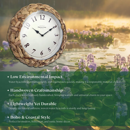 Presentime & Co Farmhouse Series, Rustic Woven Clock, 10.5 inch, Natural Woven Water Hyacinth/Sea Grass. Wall Sculpture, Wall Art and Timepiece for Home Decoration/Decoration/Farmhouse Décor.