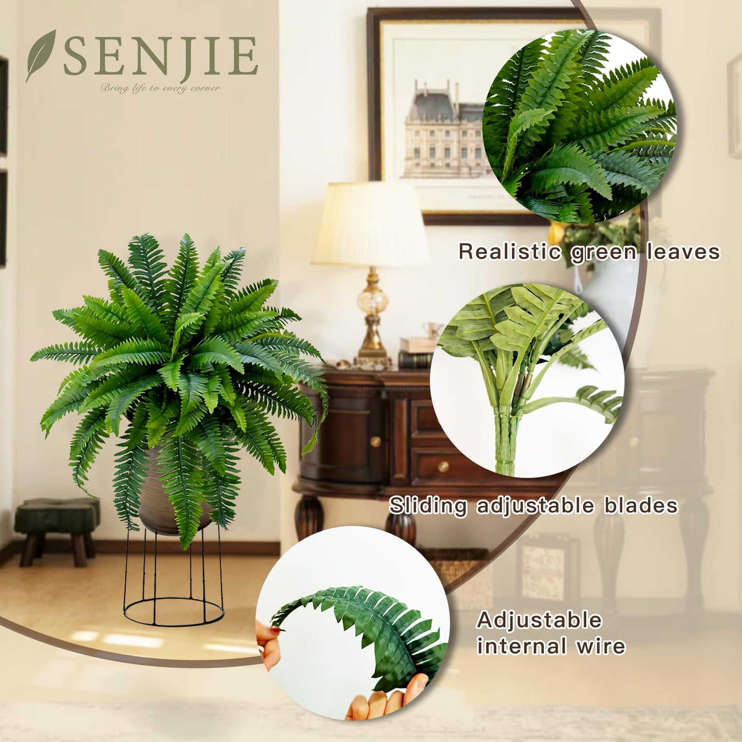 Senjie Artificial Boston Fern 2 Set 55 Branches Fake Ferns for Outdoors 32Inch Faux Plant for Home Living Room Office Decor